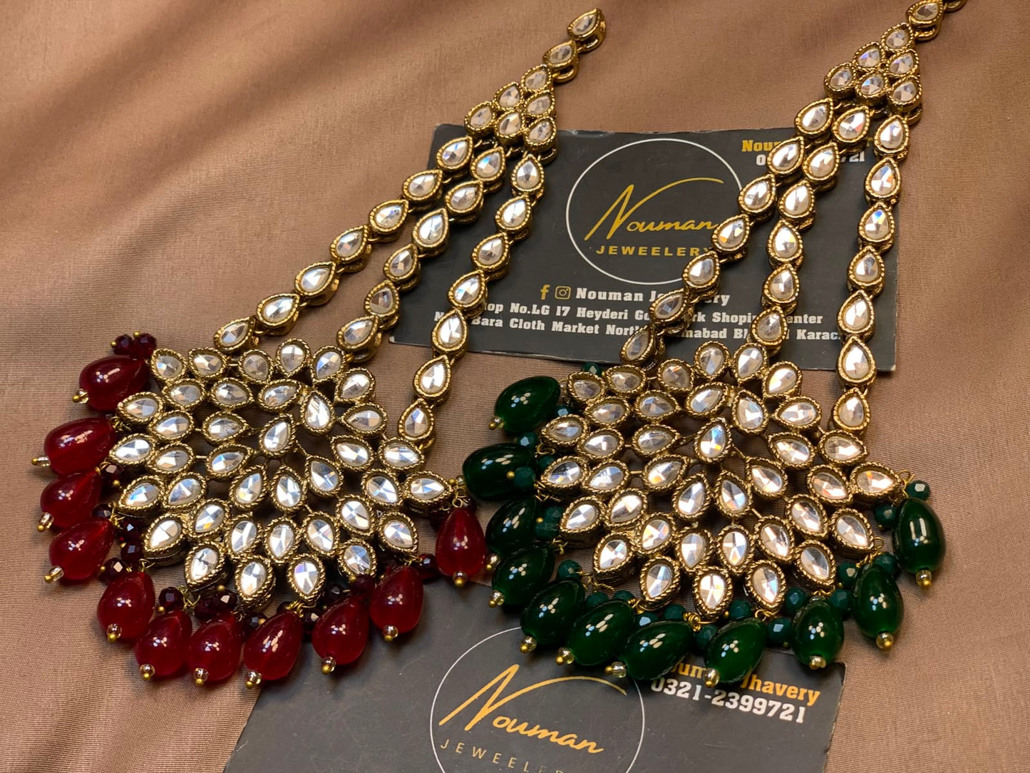 Dual Tone Kundan Jhoomar (Red & Green)
