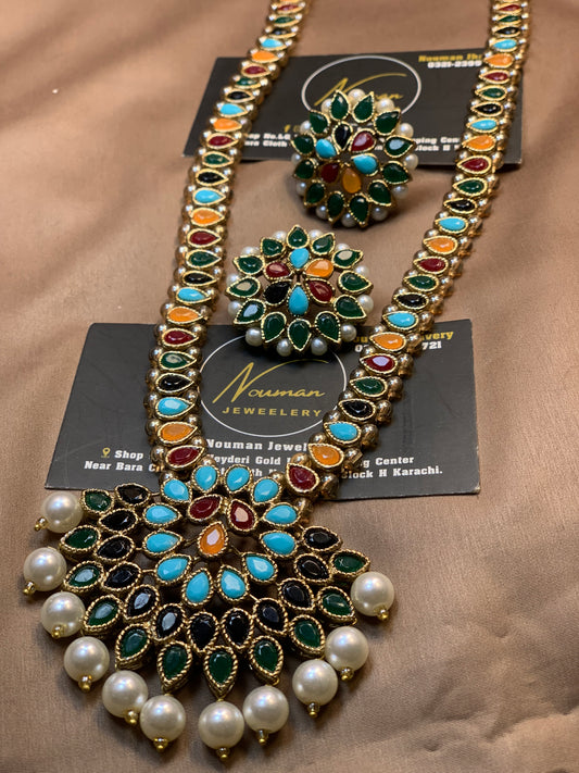 Multicolor Kundan Pearl Long Maala Set with Pendant.
