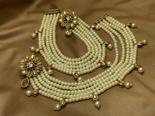 Classic Kundan Champagne Zircon Earrings With Pearl Sahare