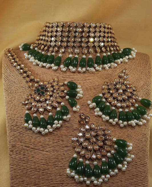 Gold Emerald Green Kundan Pearl Choker Set
