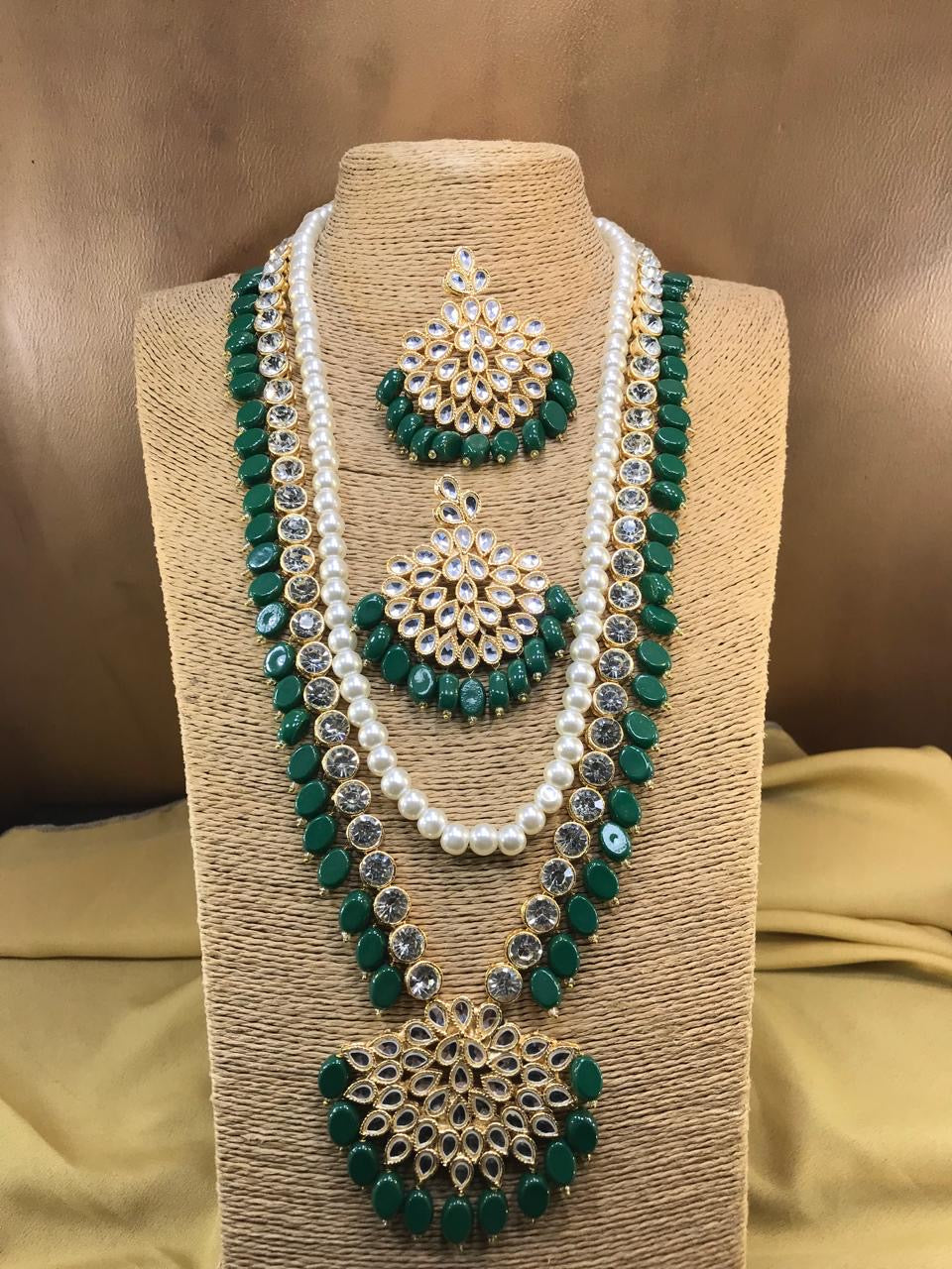 Kundan Emerald Green Long Mala Set – 22 Inches
