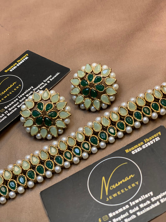 Emerald Green & Mint Kundan Pearl Choker Set