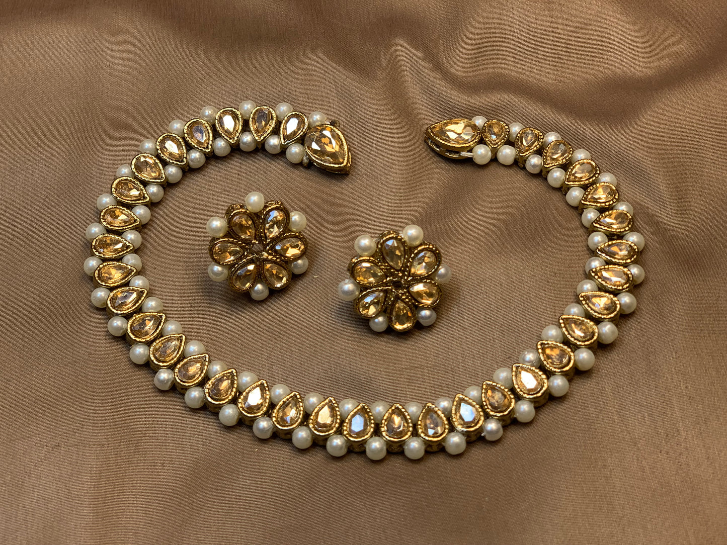 Champagne Gold Kundan Pearl Necklace Set
