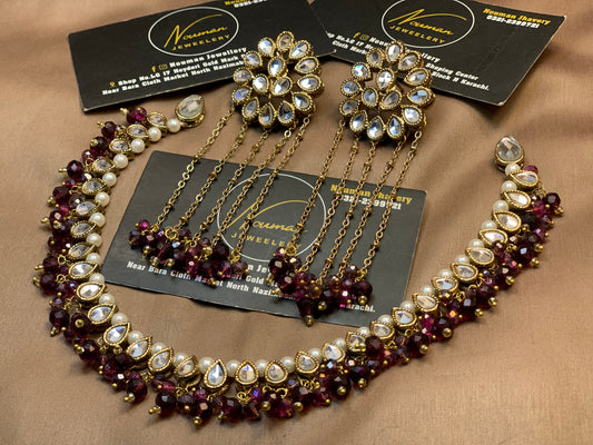 Royal Burgundy & Pearl Kundan Bridal Jewellery Set