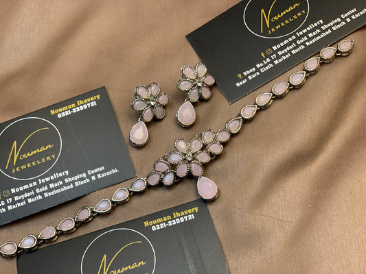 Elegant Royal Soft Pink Floral Stone Jewellery Set