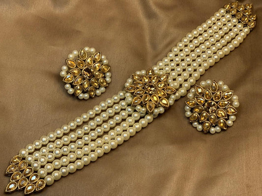 Kundan Champagne Zircon Pearl Choker Party Wear Set