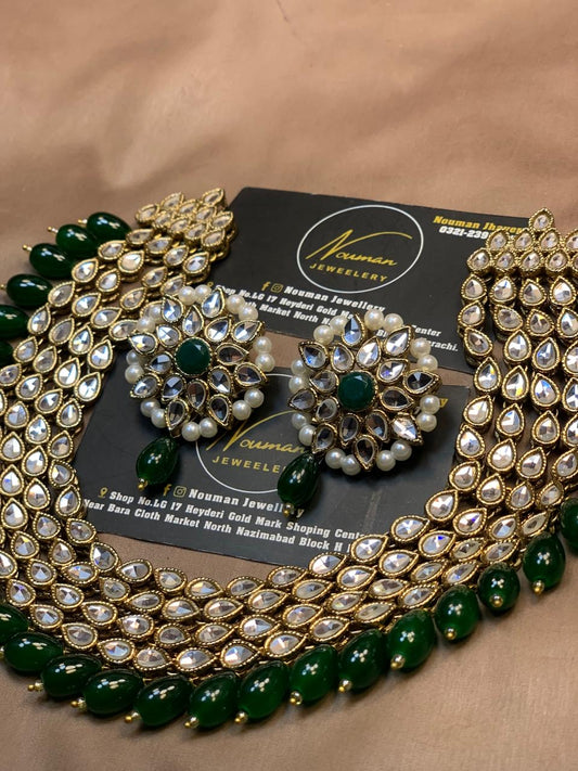 4-Layer Emerald Green Kundan Statement Necklace Set