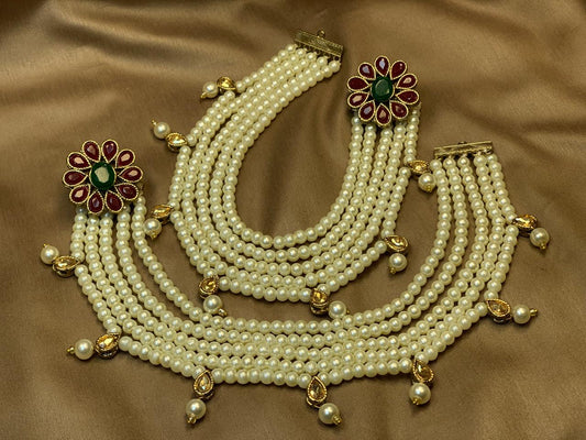 Maroon & Emerald Green Kundan Pearl Sahare Earrings
