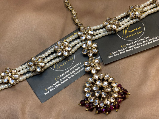 Burgundy & Pearl Kundan Bridal Matha Patti Sheesh pat