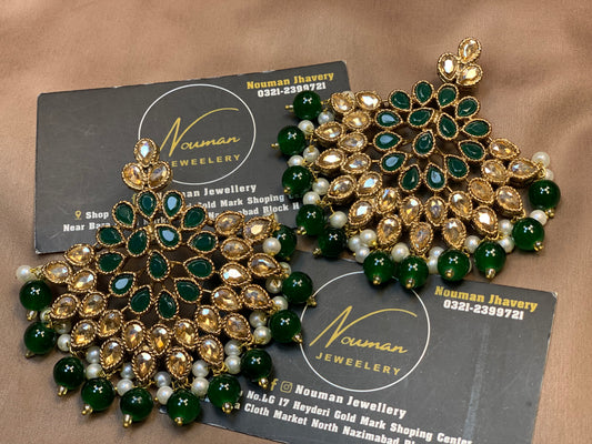 Emerald Green Antique Gold Kundan Earrings Set