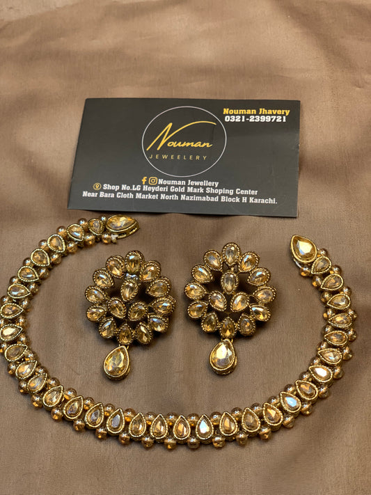 Champagne Gold Kundan Pearl Necklace Set