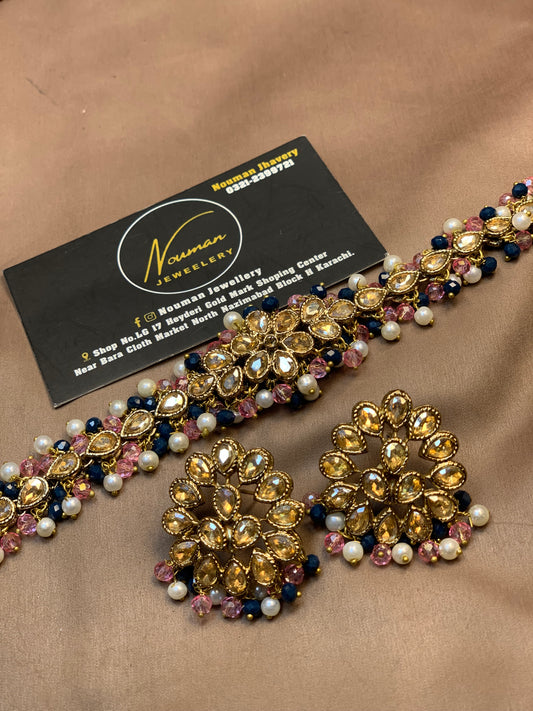 Purple & pink Kundan Pearl Choker Set