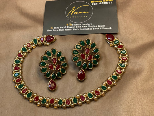 Kundan Pearl Necklace Set Maroon Green
