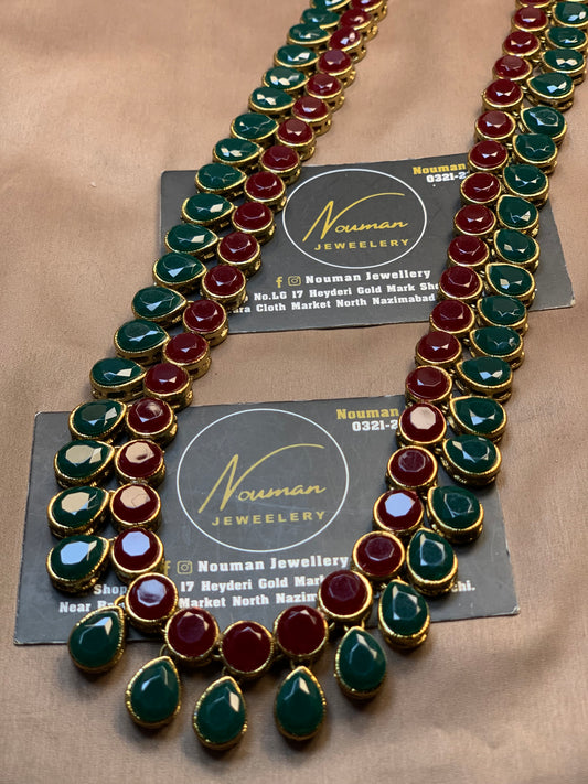 Deep Maroon Green Kundan Long Mala – Antique Gold Plated