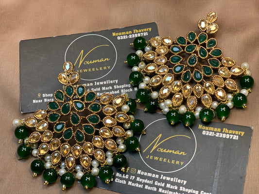 Emerald Green Antique Gold Kundan Earrings Set