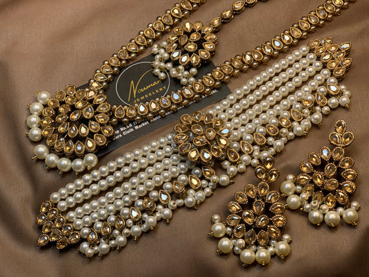 Kundan Champagne Gold Pearl Choker Mala Earring Tikka Timeless Jewellery Necklace Set