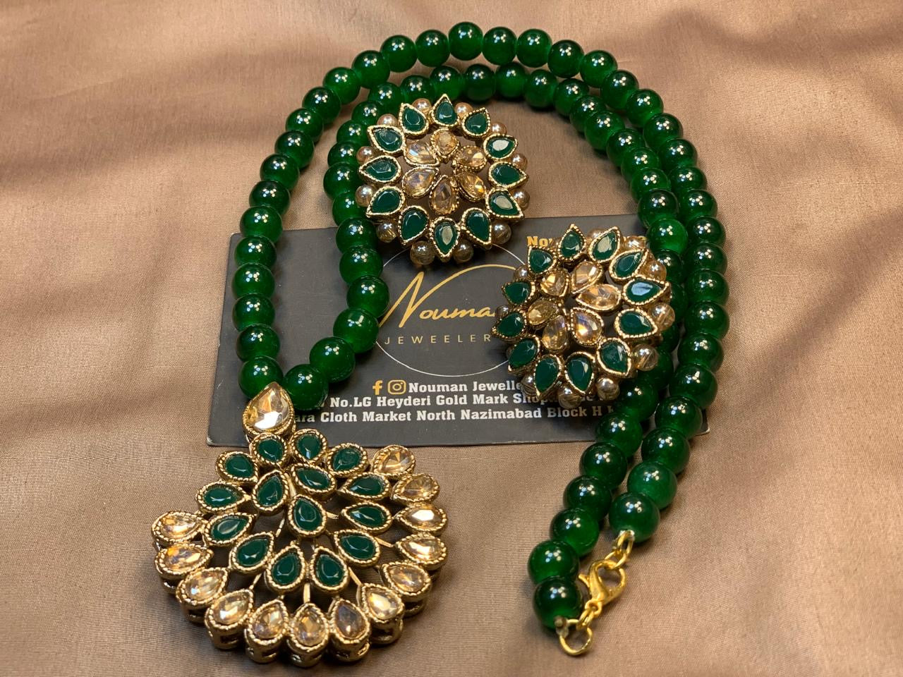 Emerald Green Beads Kundan Long Pendant Set