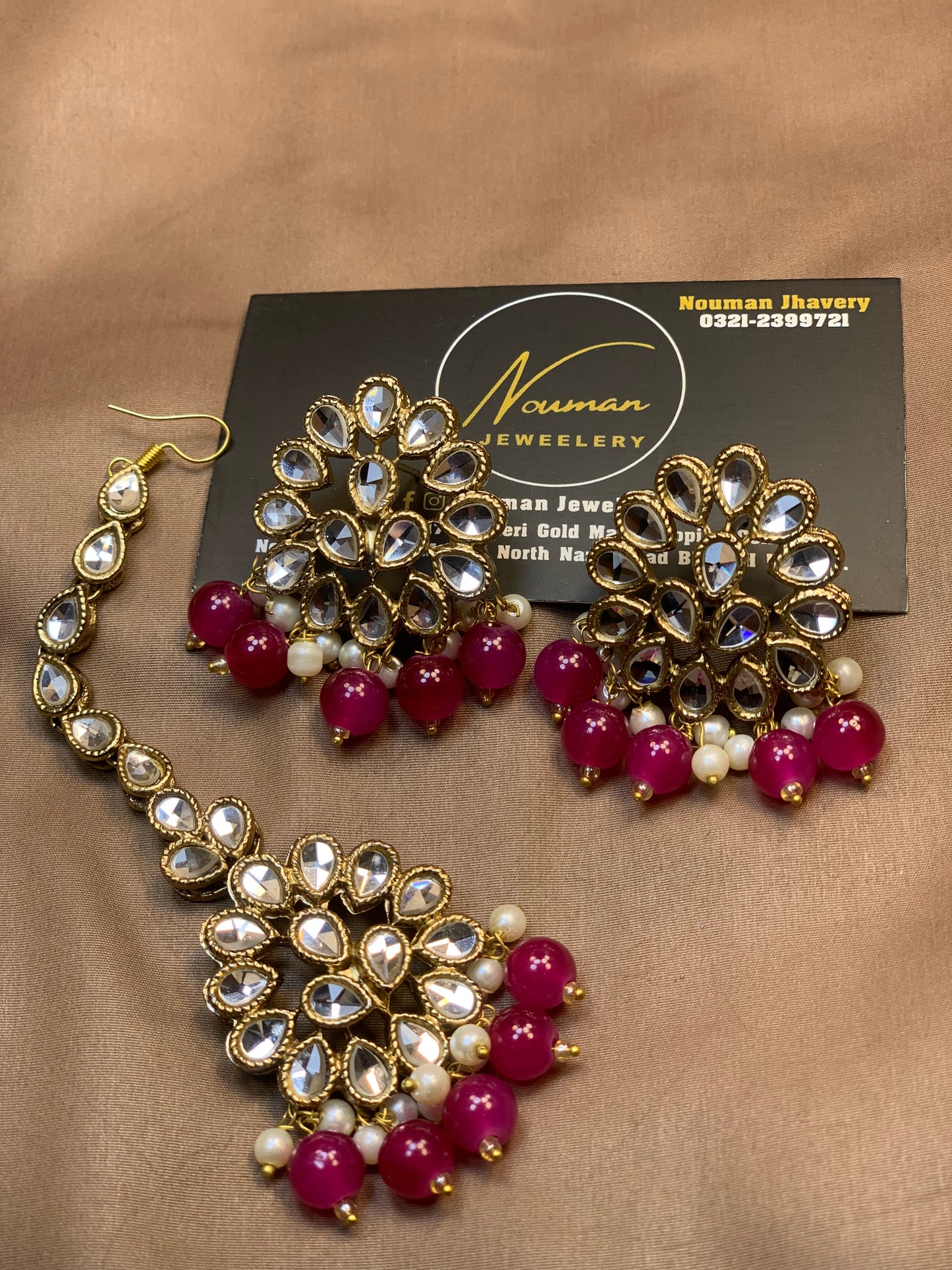 Shocking Dark Magenta Kundan Pearl Statement Jewellery Set