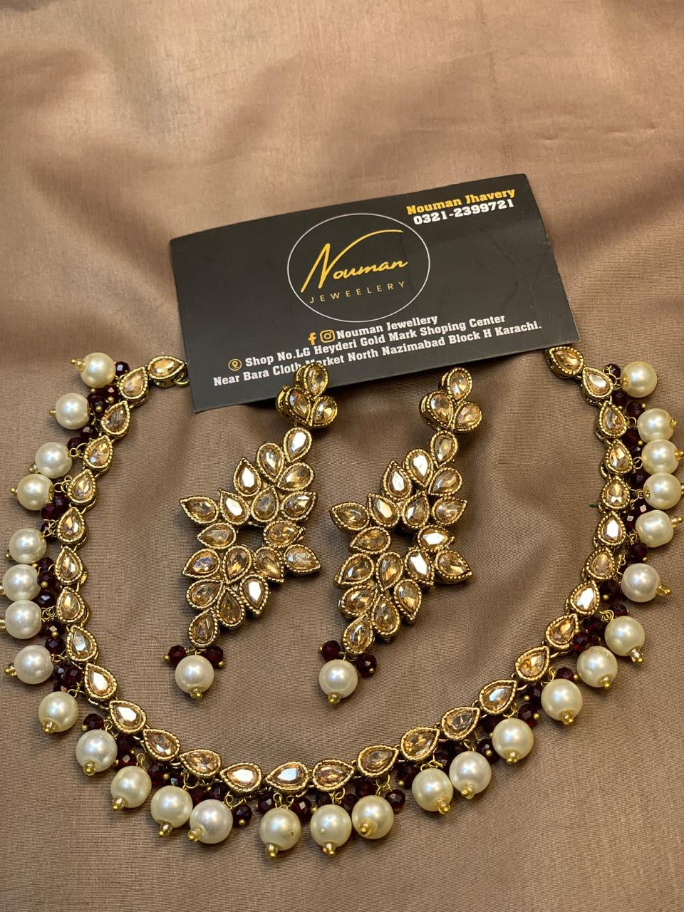 Champagne Kundan Pearl Beaded Necklace Set