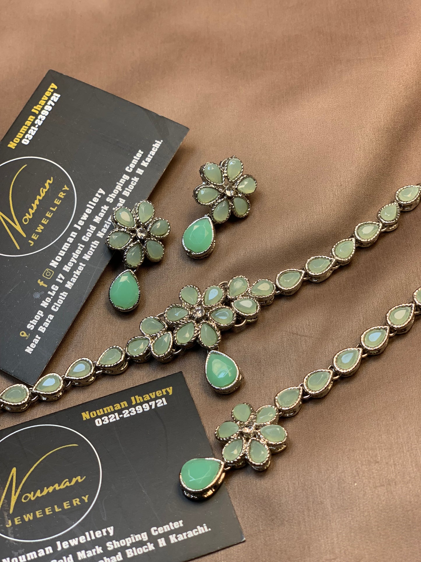 Elegant Royal Soft Mint Floral Stone Jewellery Set,