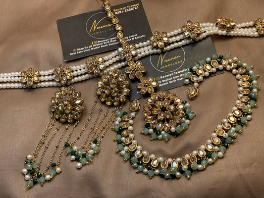 Kundan Champagne Gold Pearl Elegant Timeless Classy Necklaces Sheesh Patti Earring Set