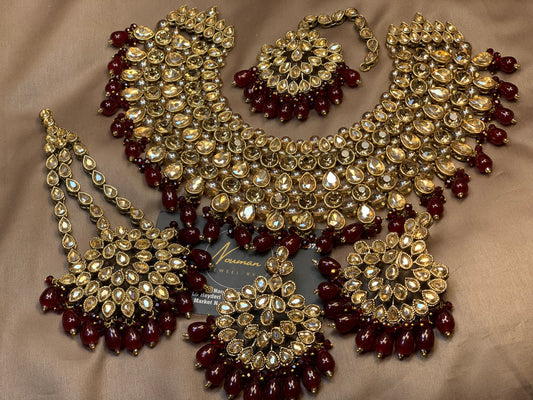 Exquisite Champagne Gold Maroon Deep Red Bridal Jewellery Ser