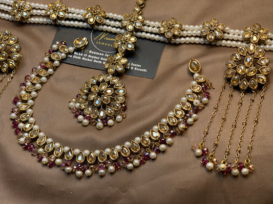 Royal Champagne & Burgundy Kundan Bridal Jewellery Set