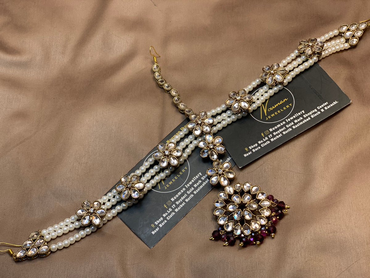 Burgundy & Pearl Kundan Bridal Matha Patti Sheesh pat