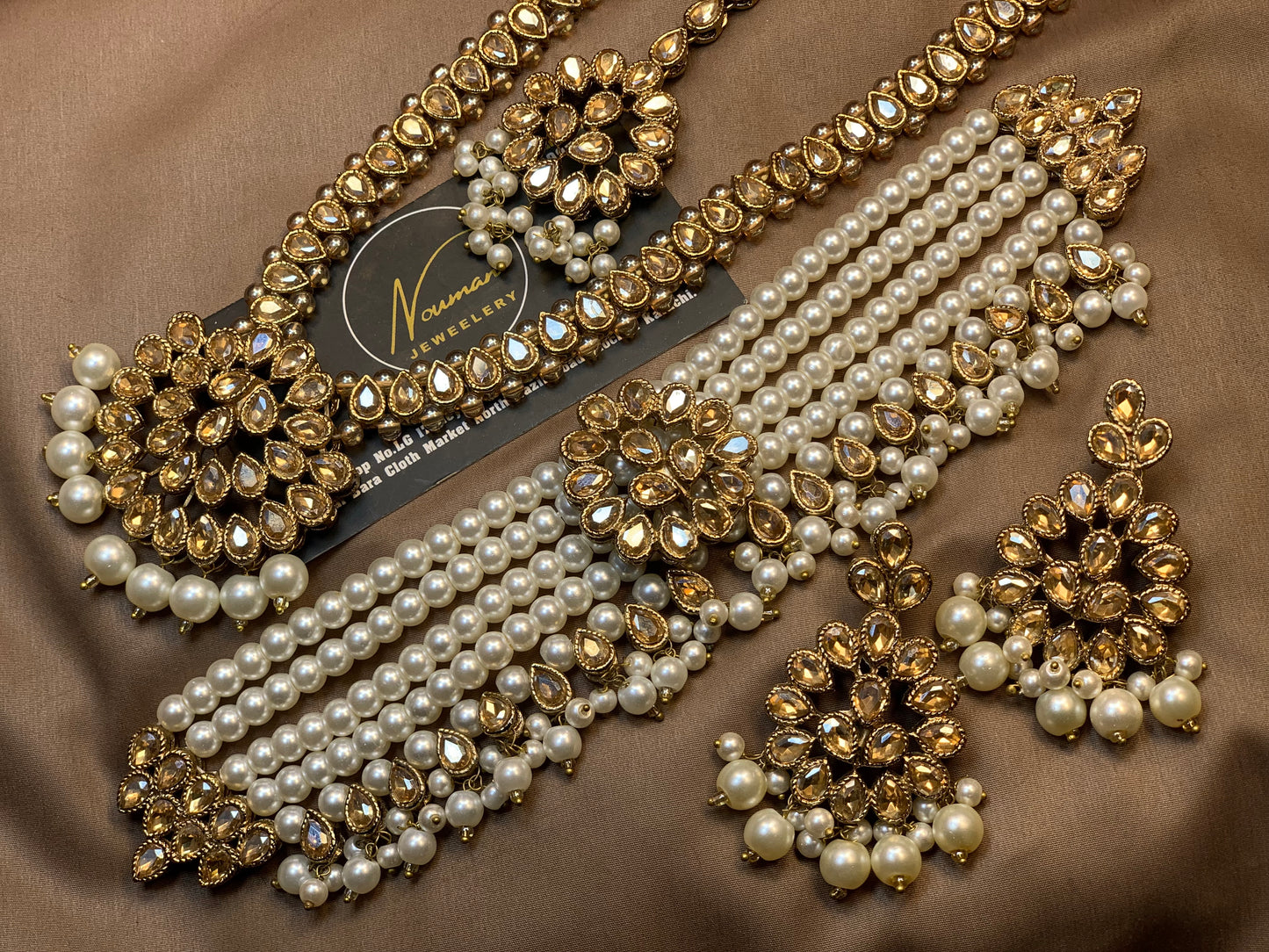Kundan Champagne Gold Pearl Choker Mala Earring Tikka Timeless Jewellery Necklace Set