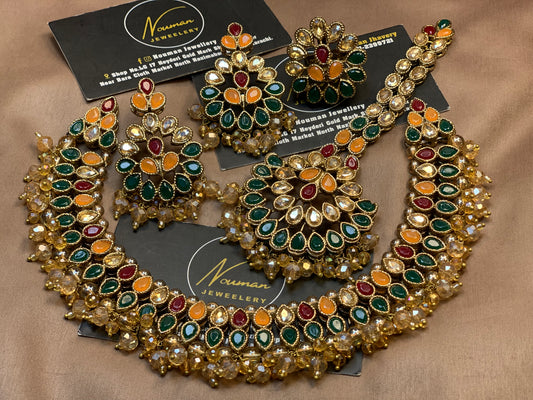 Kundun Multi Beads Necklaces Earrings Big Tikka Rings Set.