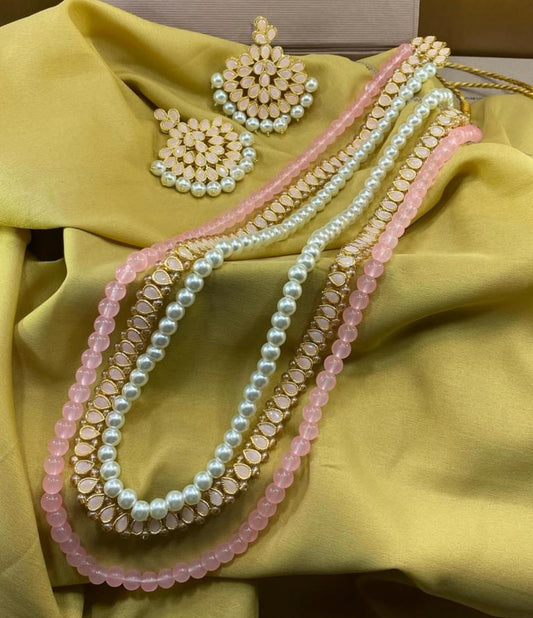 Pink Kundun Long Mala Set With Pearls.