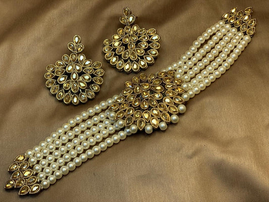 Kundan Champagne Zircon Pearl Choker Party Wear Set