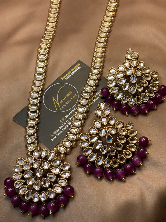 Kundan Long Mala Pendant purple Plum Color Earrings Set