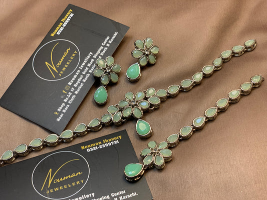 Elegant Royal Soft Mint Floral Stone Jewellery Set,