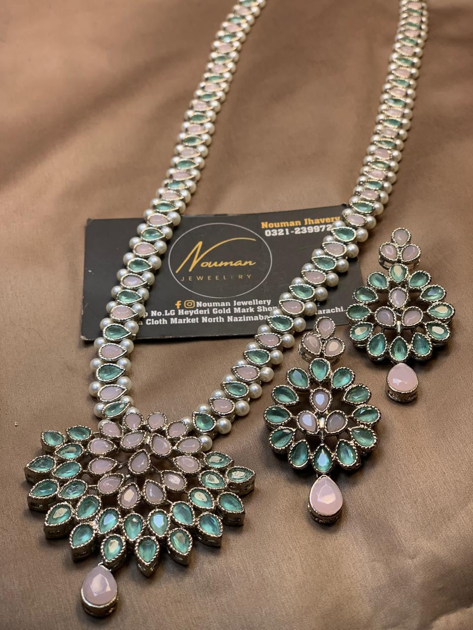 Pink & Mint Green Kundan Silver Long Mala Set