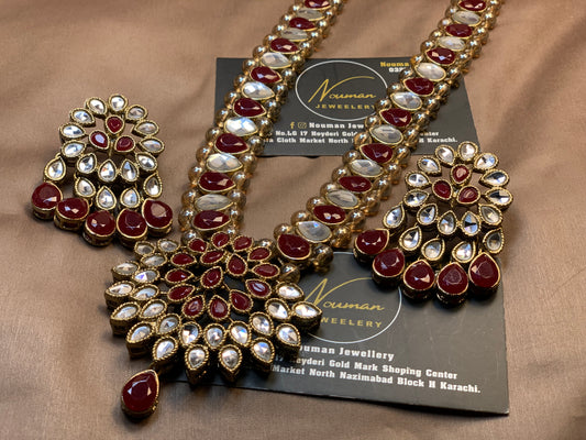 Gorgeous Look Kundun Maroon Ruby Mala Pendant Set