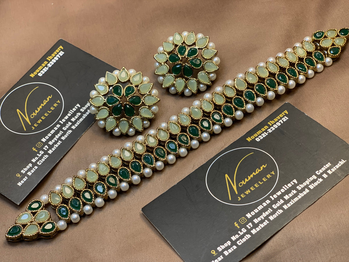 Emerald Green & Mint Kundan Pearl Choker Set