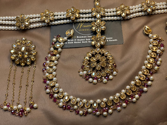 Royal Champagne & Burgundy Kundan Bridal Jewellery Set