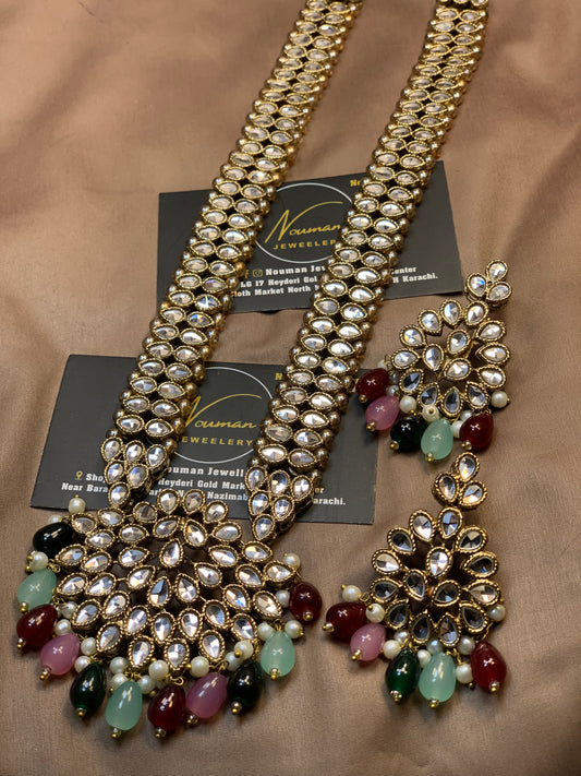 Kundan Multi-Beads Long Mala Pandant Dholna Set