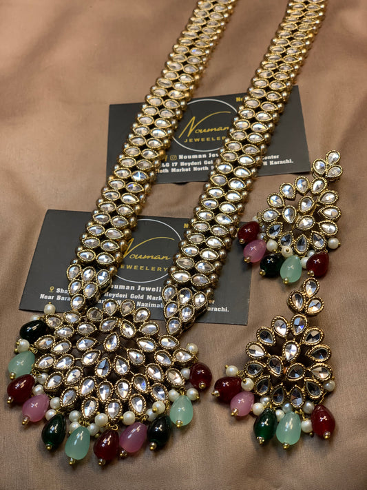 Kundan Multi-Beads Long Mala Pandant Dholna Set