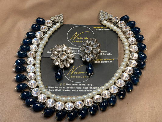 Zinc Blue Kundan Necklaces Set – Silver Plated