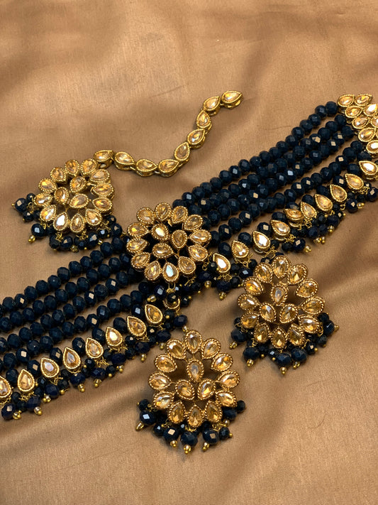 Exquisite Zircon Dark Solid Navy Aqua Blue Color Gorgeous Style Choker Necklace Set