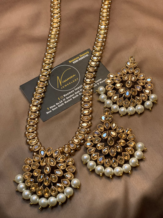Kundun Champagne Pearl Classy Mala Pandant Jewellery Set