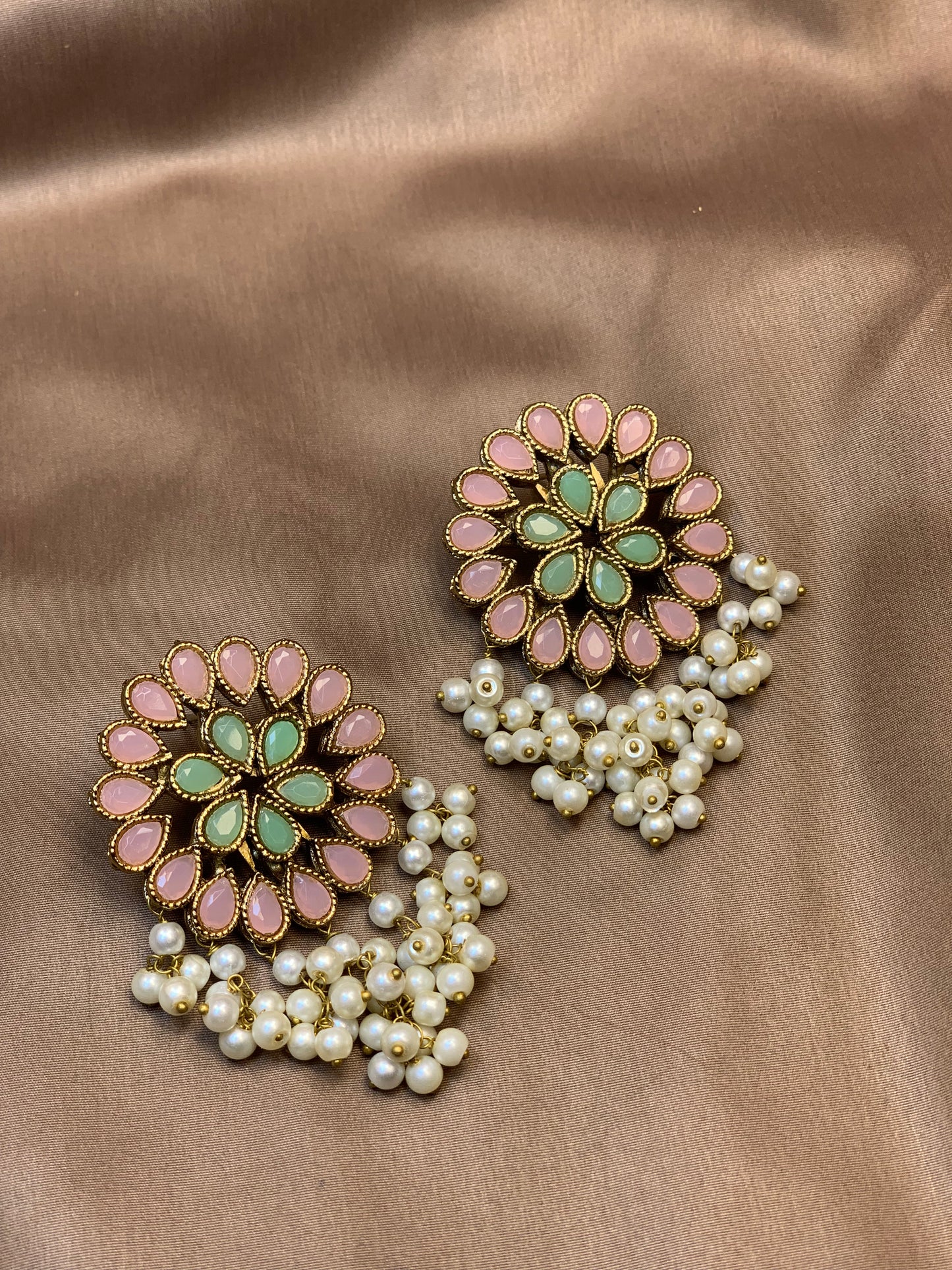 Mint Green Soft Pink Royal Statement Jewellery Earrings.