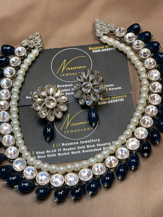 Zinc Blue Kundan Necklaces Set – Silver Plated