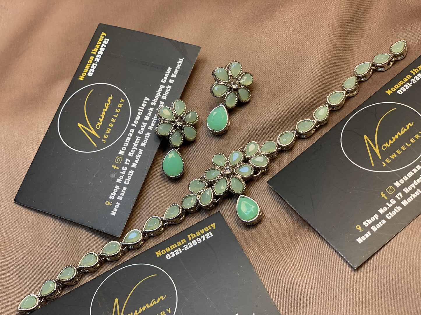 Elegant Royal Soft Mint Floral Stone Jewellery Set,