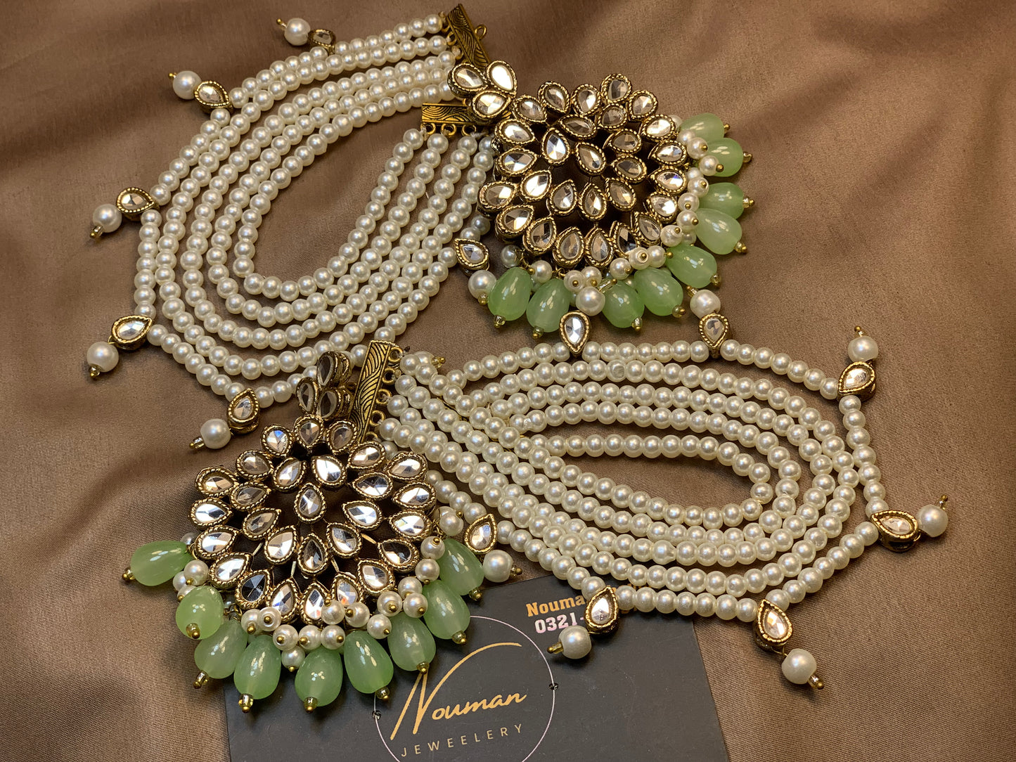 ✨ Soft Mint Kundun Classy Jewellery Earring With 5 Layers Sahara Kundun Pearls Set ✨