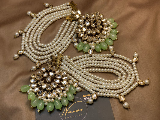 ✨ Soft Mint Kundun Classy Jewellery Earring With 5 Layers Sahara Kundun Pearls Set ✨