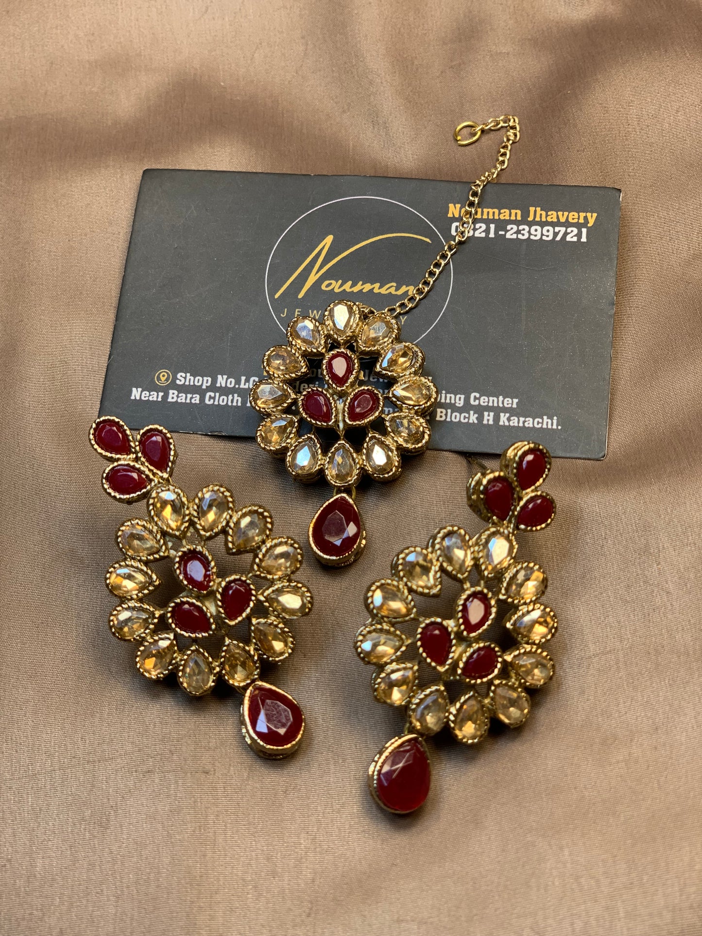 ✨ Champagne Maroon Ruby Classy Jewellery Earring Tikka Set