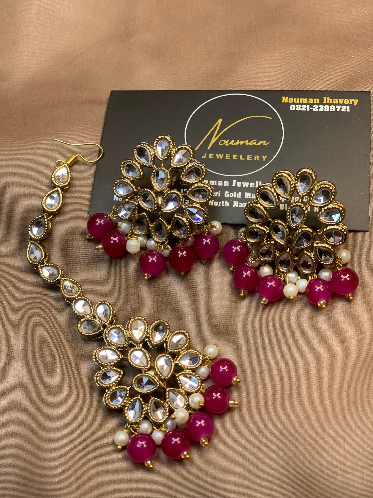 Shocking Dark Magenta Kundan Pearl Statement Jewellery Set